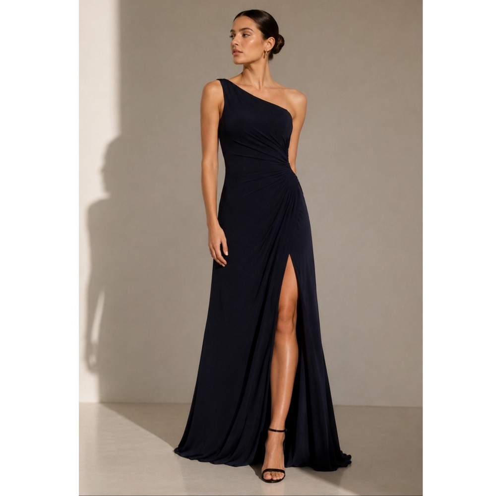 IEENA for Mac Duggal One Shoulder Gown Women 2 MIDNIGHT Blue Ruched Formal Dress